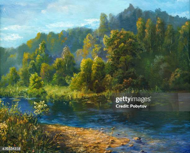 summer river, oil painting - oil painting stock illustrations