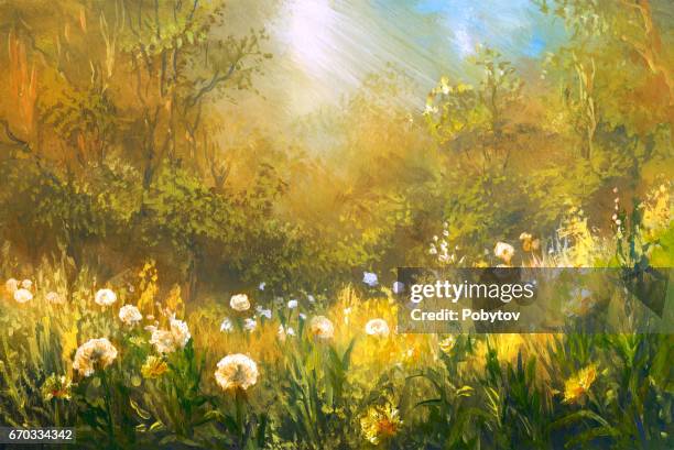 meadow of dandelions, oil painting - oil painting flowers stock illustrations