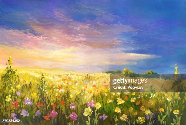 summer evening landscape, oil painting - cornflower stock illustrations