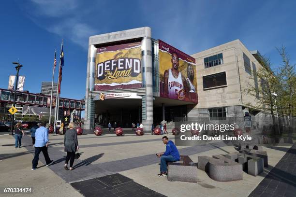 An exterior shot of Quicken Loans Arena before Game Two of the Eastern Conference Quarterfinals between the Indiana Pacers and the Cleveland...