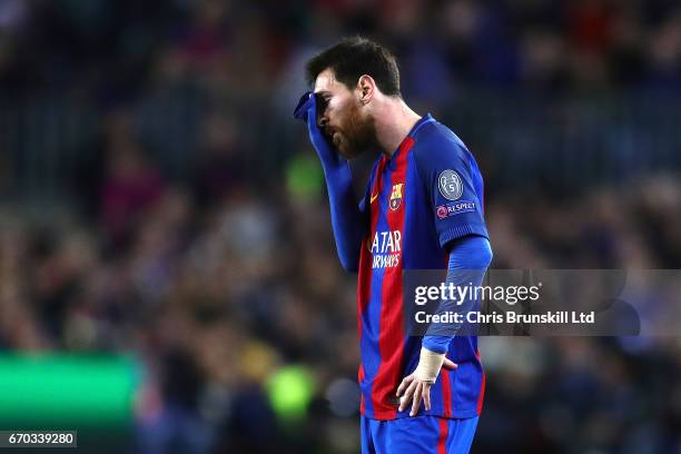 Lionel Messi of FC Barcelona looks dejected during the UEFA Champions League Quarter Final second leg match between FC Barcelona and Juventus at Camp...