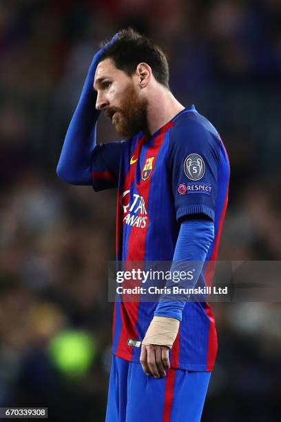 Lionel Messi of FC Barcelona looks dejected during the UEFA Champions League Quarter Final second leg match between FC Barcelona and Juventus at Camp...