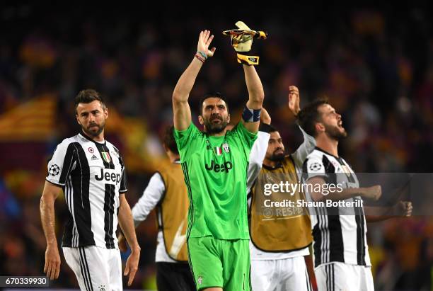 Gianluigi Buffon of Juventus shows appreciation to the fans after the UEFA Champions League Quarter Final second leg match between FC Barcelona and...