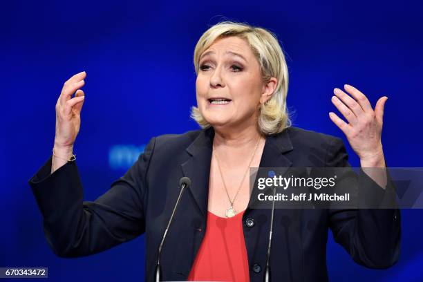 National Front Leader Marine Le Pen, holds a presidential campaign rally at the Dome De Marseille on April 19, 2017 in Marseille, France. One of the...