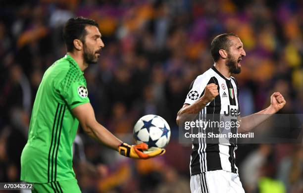 Giorgio Chiellini of Juventus celebrates after the UEFA Champions League Quarter Final second leg match between FC Barcelona and Juventus at Camp Nou...