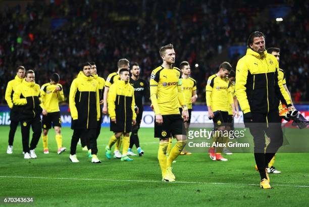 Marco Reus of Borussia Dortmund and Roman Weidenfeller of Borussia Dortmund are dejected after losing the UEFA Champions League Quarter Final second...