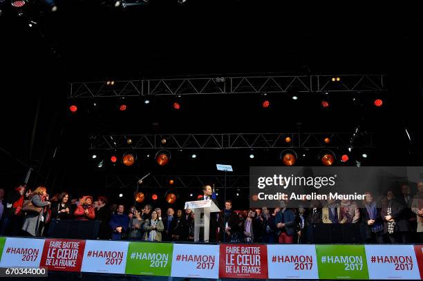 French Socialist Party Presidential candidate Benoit Hamon addresses voters during a political meeting Place de la Republique on April 19, 2017 in...