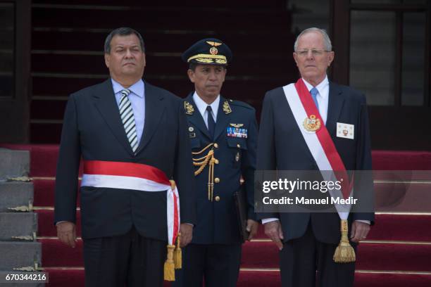 The Peruvian Persident Pedro Pablo Kuczynski with Jorge Nieto Montesinos, Defense Minister, award the highest military decoration, the 'Orden Militar...