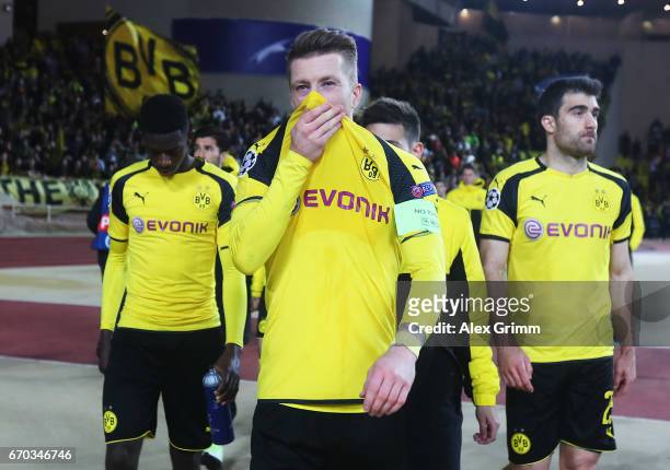 Marco Reus of Borussia Dortmund is dejected after losing the UEFA Champions League Quarter Final second leg match between AS Monaco and Borussia...