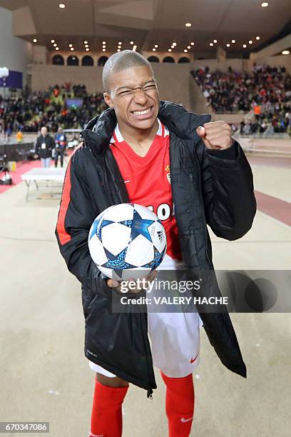 Monaco's French forward Kylian Mbappe Lottin reacts after Monaco defeated Dortmund during the UEFA Champions League 2nd leg quarter-final football...