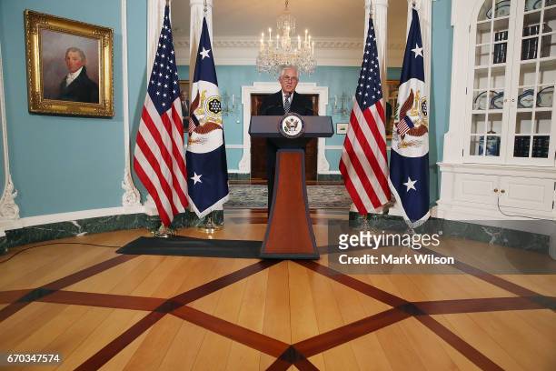 Secretary of State Rex Tillerson speaks about Iran and North Korea, at the State Department, on April 19, 2017 in Washington, DC.