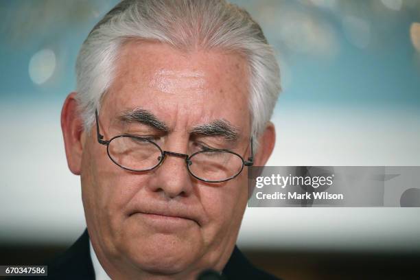 Secretary of State Rex Tillerson speaks about Iran and North Korea, at the State Department, on April 19, 2017 in Washington, DC.