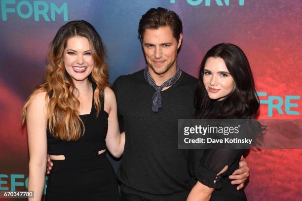 Actors Meghann Fahy, Sam Page and Katie Stevens of "The Bold Type" attend Freeform 2017 Upfront at Hudson Mercantile on April 19, 2017 in New York...