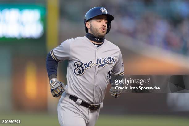 Milwaukee Brewers Left fielder Ryan Braun rounds the bases after a two run homerun in the 1st inning during an MLB game between the Milwaukee Brewers...