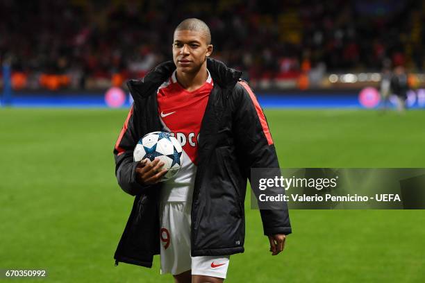 Kylian Mbappe of AS Monaco celebrates victory at the end of the UEFA Champions League Quarter Final second leg match between AS Monaco and Borussia...