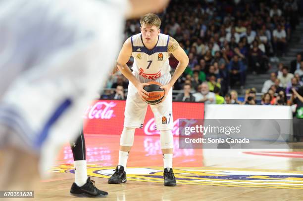 Luka Doncic, #7 guard of Real Madrid during the 2016/2017 Turkish Airlines Euroleague Play Off Leg One between Real Madrid v Darussafaka Dogus...