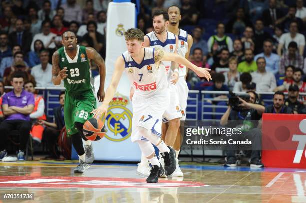 Luka Doncic, #7 guard of Real Madrid during the 2016/2017 Turkish Airlines Euroleague Play Off Leg One between Real Madrid v Darussafaka Dogus...