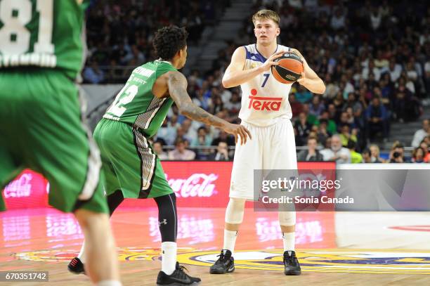 Luka Doncic, #7 guard of Real Madrid during the 2016/2017 Turkish Airlines Euroleague Play Off Leg One between Real Madrid v Darussafaka Dogus...