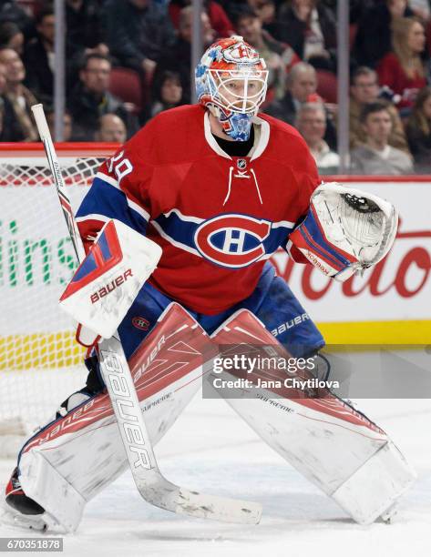 Goaltender Mike Condon of the Montreal Canadiens plays in the game against the Detroit Red Wings at Bell Centre on March 29, 2016 in Montreal,...