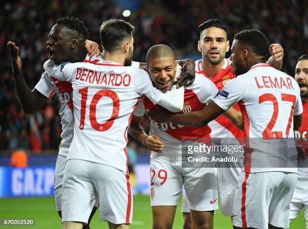 Moncao's Kylian Mbappe celebrates with the team mates Radamel Falcao , Fernando and Lemar after scoring a goal during the UEFA Champions League...