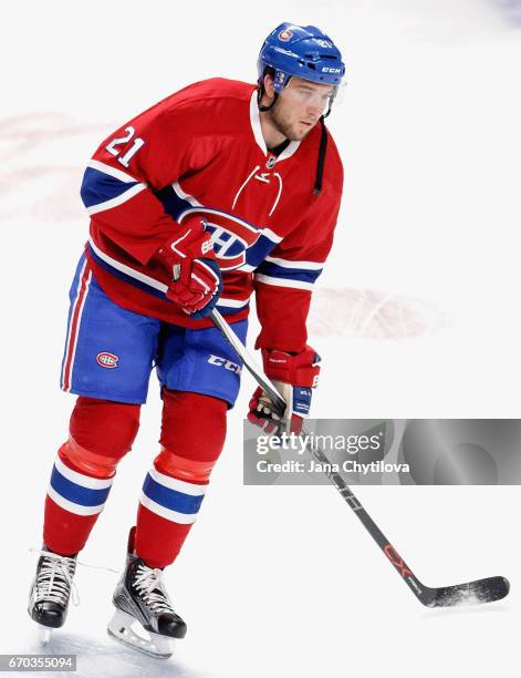 Stefan Matteau of the Montreal Canadiens warms up before the game against the Detroit Red Wings at Bell Centre on March 29, 2016 in Montreal, Quebec,...