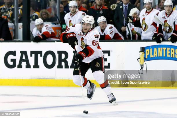 Ottawa Senators left wing Mike Hoffman passes from the point on the power play during Game 3 of a first round NHL playoff game between the Boston...