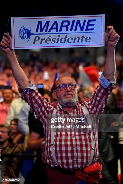 Far right supporters attend a presidential campaign rally by National Front Leader Marine Le Pen at the Dome De Marseille on April 19, 2017 in...