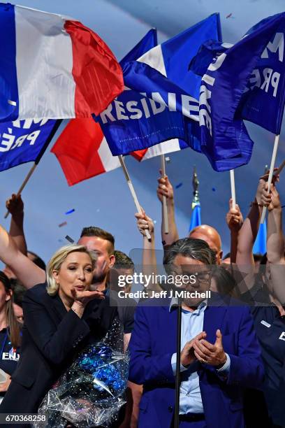 National Front Leader Marine Le Pen, holds a presidential campaign rally at the Dome De Marseille on April 19, 2017 in Marseille, France. One of the...