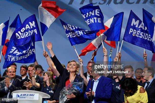 National Front Leader Marine Le Pen, holds a presidential campaign rally at the Dome De Marseille on April 19, 2017 in Marseille, France. One of the...