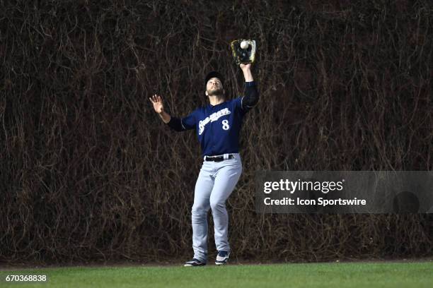 Milwaukee Brewers left fielder Ryan Braun catches a fly ball during a game between the Milwaukee Brewers and the Chicago Cubs on April 18 at Wrigley...