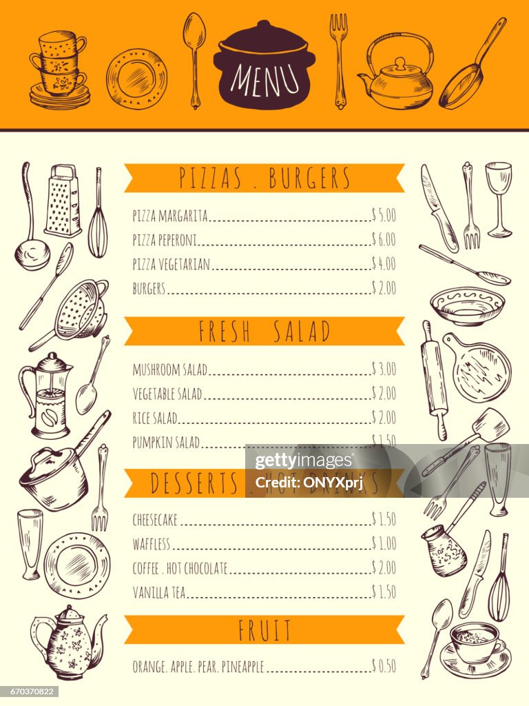 Handmade Menu Drawing Restaurant Food Menu For Lunch Hand Drawn Pictures Of Kitchen Tools ...