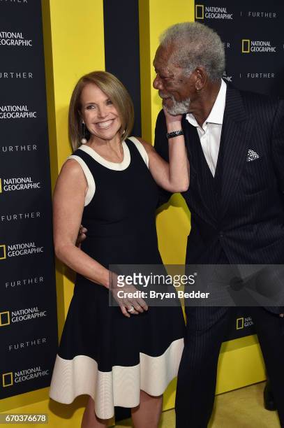 Executive Producer and TV Personality Katie Couric greets actor and host Morgan Freeman at National Geographic's Further Front Event at Jazz at...