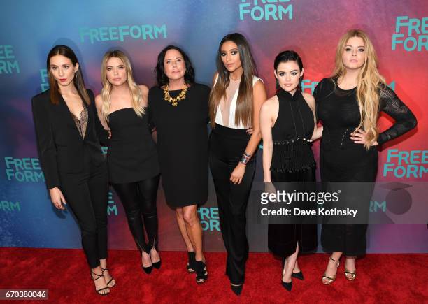 Troian Bellisario, Ashley Benson, Executive Producer I. Marlene King, Shay Mitchell, Lucy Hale and Sasha Pieterse of "Pretty Little Liars" attend...