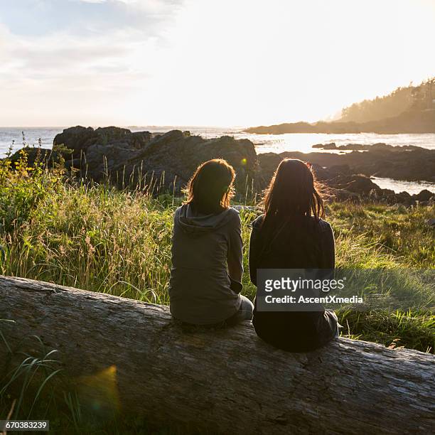 two women relax on log, look out across bay - look back stockfoto's en -beelden