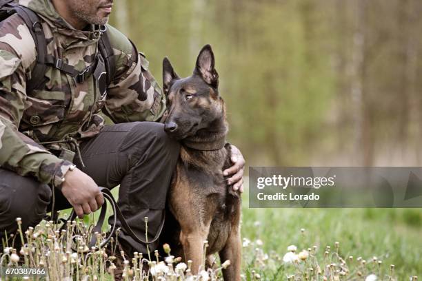 handsome black middle aged man sitting with dog - trained dog stock pictures, royalty-free photos & images