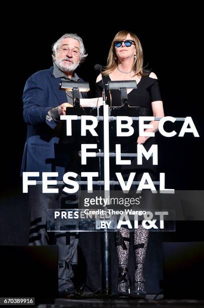 Robert De Niro and Jane Rosenthal speak onstage at the "Clive Davis: The Soundtrack of Our Lives" Premiere during the 2017 Tribeca Film Festival at...