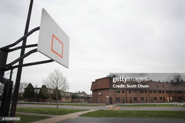 Basketball hoops have been removed from a park area on the edge of the West Calumet Housing Complex on April 19, 2017 in East Chicago, Indiana....