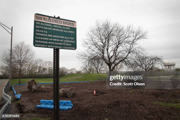 Equipment has been removed from a park area on the edge of the West Calumet Housing Complex on April 19, 2017 in East Chicago, Indiana. Nearly all...