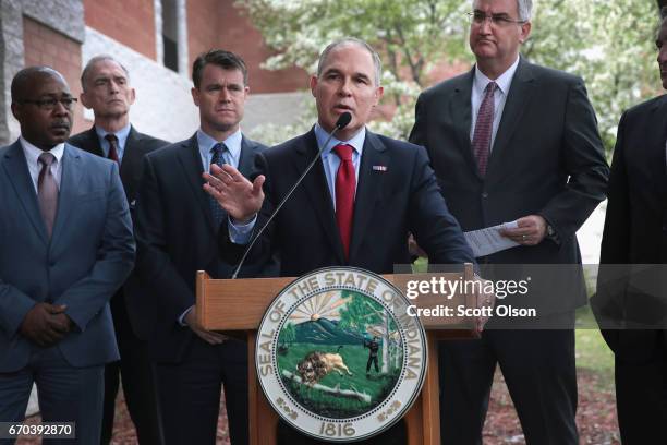 Administrator Scott Pruitt makes a statement to the media after meeting residents from and taking a brief tour of the West Calumet Housing Complex on...