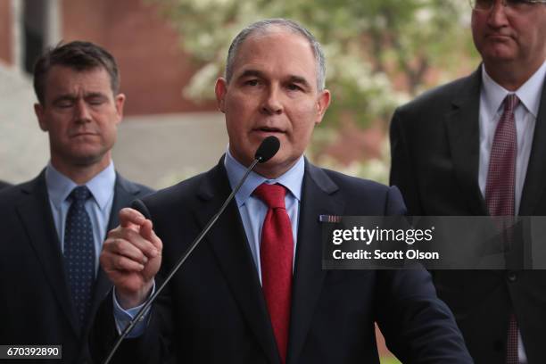 Administrator Scott Pruitt makes a statement to the media after meeting residents from and taking a brief tour of the West Calumet Housing Complex on...