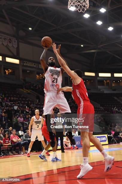 April 19 : CJ Leslie of the Raptors 905 goes up for the shot during the game against the Maine Red Claws at the Hershey Centre on April 19, 2017 in...