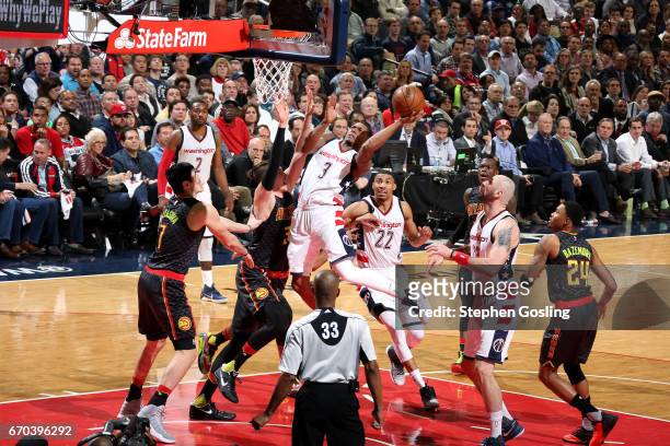 Bradley Beal of the Washington Wizards goes for a lay up during the game against the Atlanta Hawks during Game Two of the Eastern Conference...