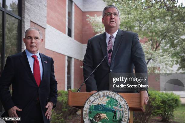 Indiana Gov. Eric Holcomb and U.S. EPA Administrator Scott Pruitt address the media after meeting with former residents and taking a brief tour of...