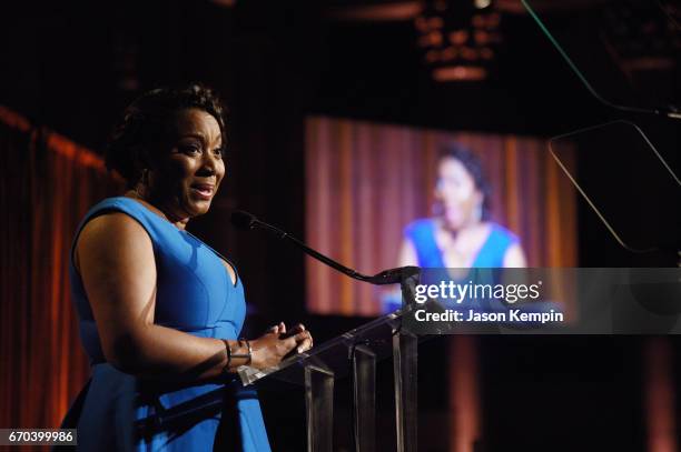 President/CEO, Food Bank for NYC Margarette Purvis speaks on stage at the Food Bank for New York City Can-Do Awards Dinner 2017 on April 19, 2017 in...