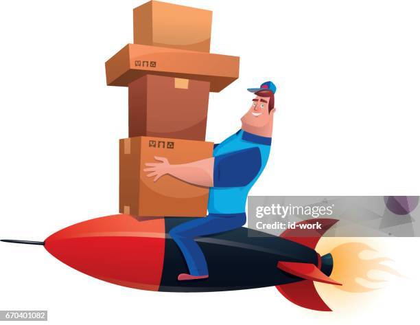 courier with cartons sitting on rocket - postman stock illustrations