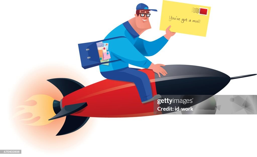 Courier with envelope sitting on rocket