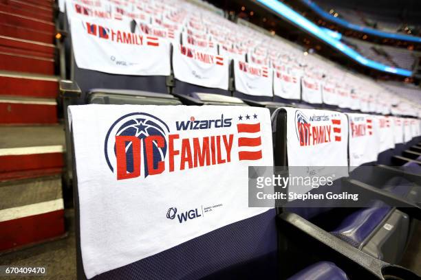 Towels are placed on the seats for fans for Game Two of the Eastern Conference Quarterfinals between the Washington Wizards and the Atlanta Hawks...