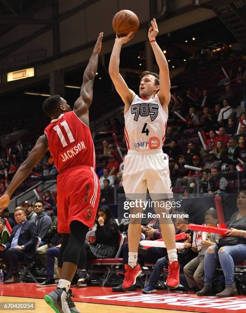 April 19 : Brady Heslip of the Raptors 905 shoots the ball over Demetrius Jackson of the Maine Red Claws at the Hershey Centre on April 19, 2017 in...