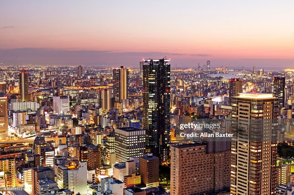 Elevated view of skyscrapers in Osaka and Minato district at dusk