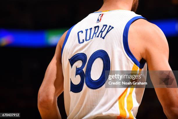 Close up view of Stephen Curry of the Golden State Warriors jersey during the game against the Portland Trail Blazers during Game Two of the Western...